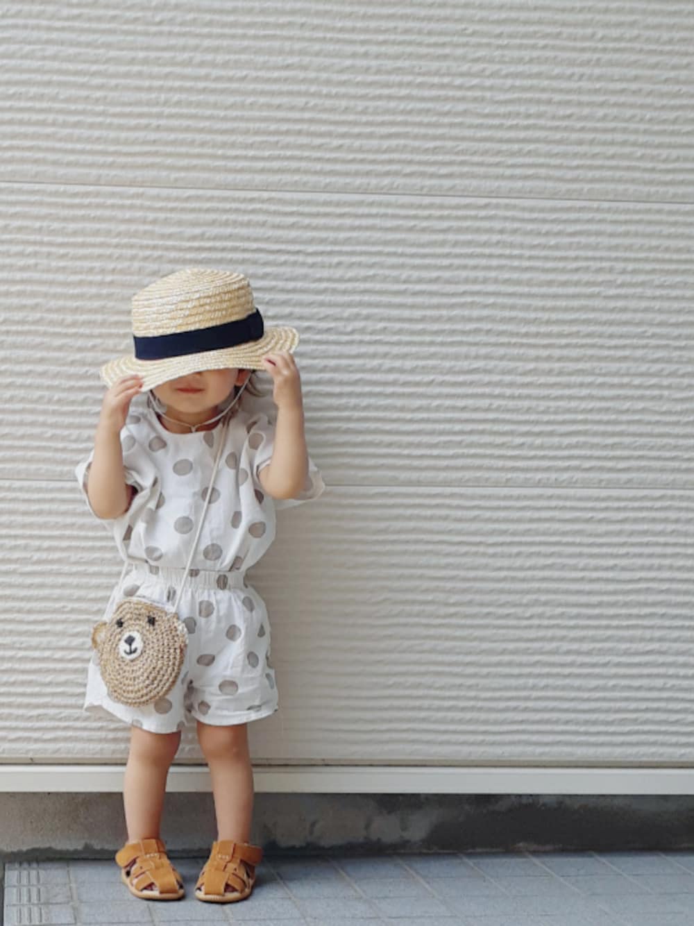 「カンカン帽、セットアップ、韓国子供服、ドット、ポシェット、くまさん、ブランシェス、Branshes、2歳、動物園」｜「韓国子供服のアイテム（セットアップ、ホワイト系）」を使った、-eeeちゃん-さん（キッズ・80cm）の夏コーディネートの1枚目の写真