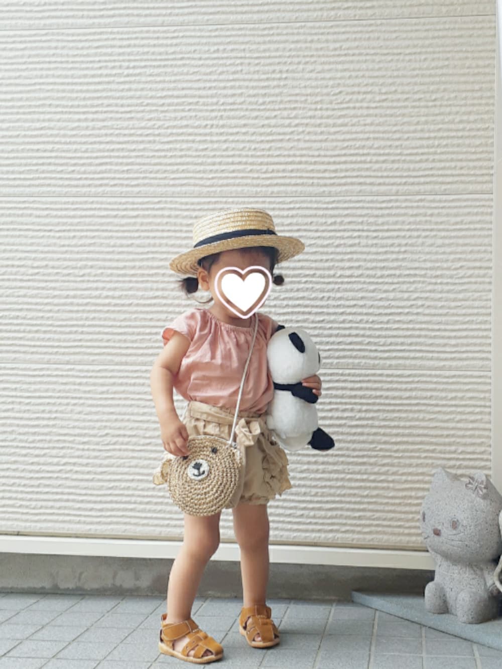 「夏コーデ、麦わら帽子、カンカン帽、ピンク、ポシェット、くまさん、西松屋、2歳、イヤイヤ期、なきむし」｜「Birthdayのアイテム（トップス、ピンク系）」を使った、-eeeちゃん-さん（キッズ・80cm）の夏コーディネートの1枚目の写真