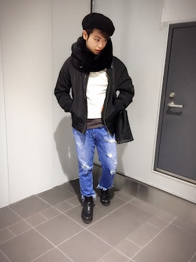 「PUNYUS（プニュズ）のアイテム（ブーツ）」を使った、河崎良侑(りょう)さん（メンズ・166cm）の冬コーディネート