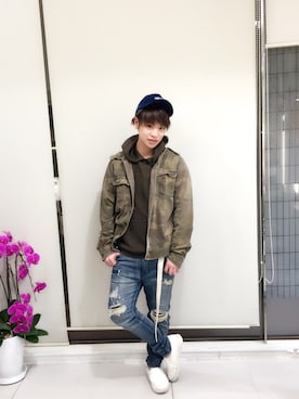 「PUNYUS（プニュズ）のアイテム（帽子）」を使った、河崎良侑(りょう)さん（メンズ・166cm）の春コーディネート