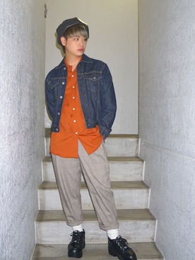「靴下チラ見せ」｜「アイテム（ハンチング/ベレー帽）」を使った、河崎良侑(りょう)さん（メンズ・165cm）の冬コーディネート