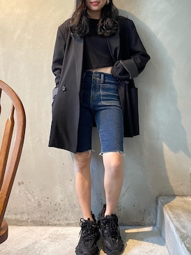 「pimgoのアイテム（パンツ、ブルー系）」を使った、Hitomi🇹🇼さん（レディース・156cm）の春コーディネート