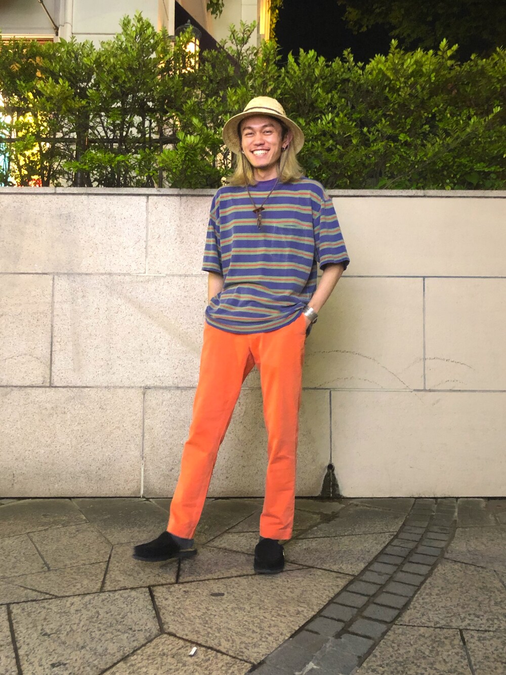 「おしゃれさんと繋がりたい、古着、古着コーデ、ラルフローレン、ギャップ、夏、ボーダーT、夏コーデ、スラックス、古着MIX」｜「RALPH LAURENのアイテム（スラックス、オレンジ系）」を使った、taikiさん（メンズ・171cm）の夏コーディネートの1枚目の写真