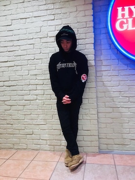 「HYSTERIC GLAMOUR（ヒステリックグラマー）のMETAL LOGO プリント パーカー（パーカー）」を使った、HAMAさん（メンズ・163cm）の冬コーディネート