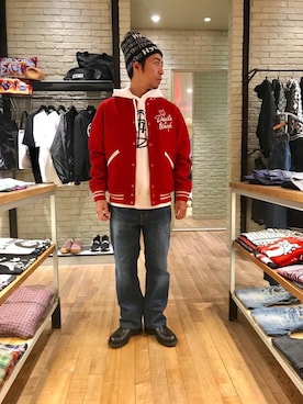 「コラボ」｜「アイテム（スタジャン）」を使った、HAMAさん（メンズ・163cm）の秋コーディネート