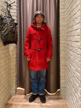 「アイテム（ダッフルコート、レッド系）」を使った、HAMAさん（メンズ・163cm）の秋コーディネート