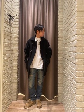 「コラボレーション」｜「アイテム（その他アウター）」を使った、HAMAさん（メンズ・163cm）の冬コーディネート