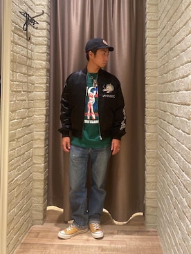 「HYSTERIC GLAMOUR（ヒステリックグラマー）のアイテム（スカジャン）」を使った、HAMAさん（メンズ・163cm）の秋コーディネート