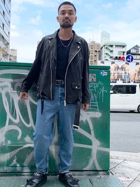 「whiteland」｜「アイテム（ライダースジャケット）」を使った、LHP大阪店 嶋村さん（メンズ・176cm）の秋コーディネート