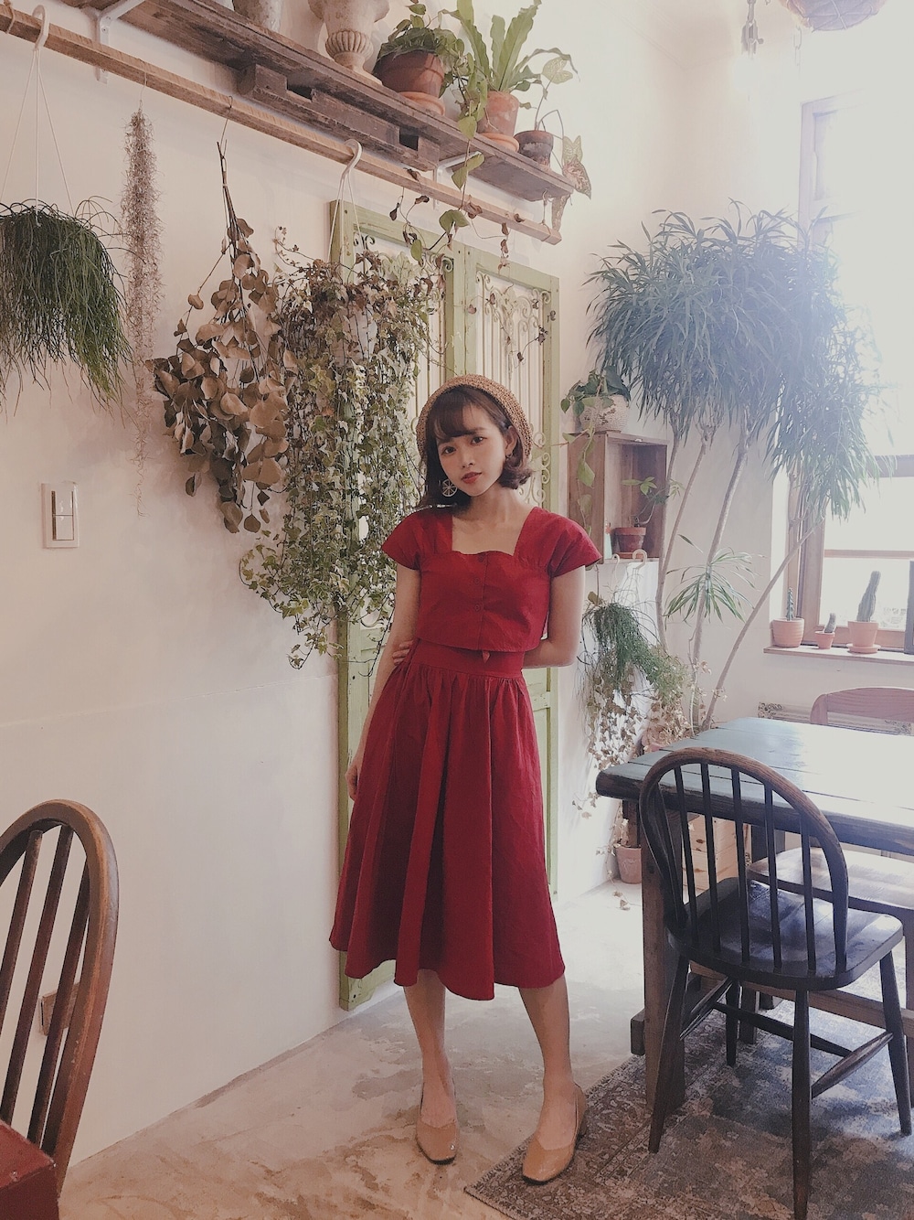「summer」｜「no brandのアイテム（ドレス、レッド系）」を使った、Tina Linさん（レディース・153cm）の夏コーディネートの1枚目の写真
