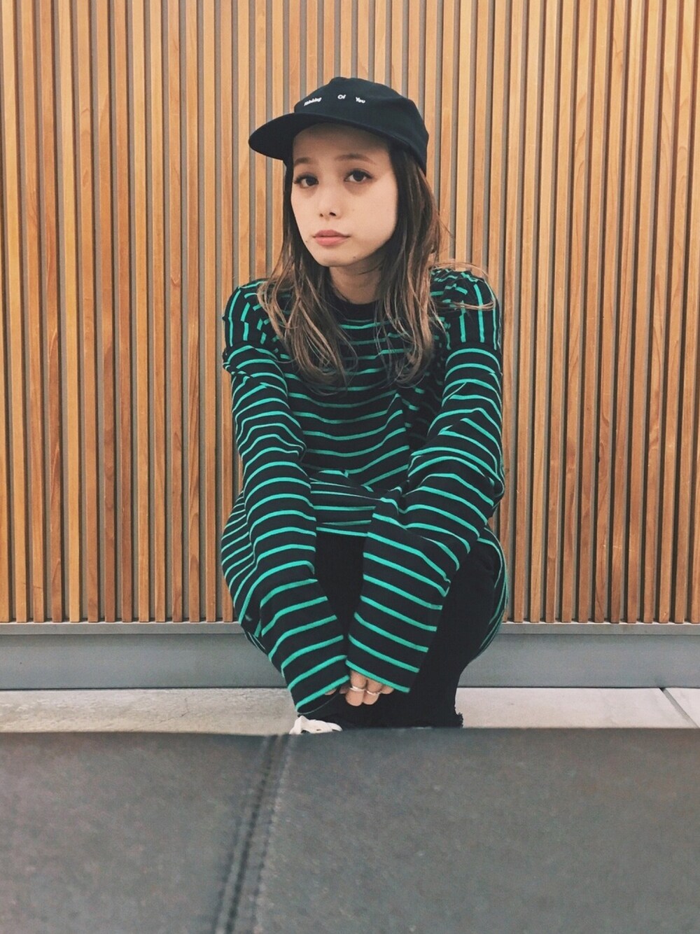 「MONKEY TIME、BEAUTY&YOUTH UNITED ARROWS、シンプルコーデ、ビッグT、メンズライク、ボーダー」｜「MONKEY TIMEの＜823＞ THINKING OF YOU CAP/キャップ（キャップ、ブラック系）」を使った、asukaさん（レディース・150cm）の夏コーディネートの1枚目の写真