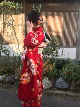 「アイテム（着物、レッド系）」を使った、pinkさん（レディース・155cm）の春コーディネート