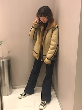 「フレアデニム」｜「アイテム（ムートンコート）」を使った、maaaaさん（レディース・168cm）の冬コーディネート