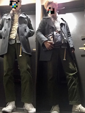 「FACTOTUM（ファクトタム）のアイテム（ピーコート）」を使った、Davidsさん（メンズ・178cm）の冬コーディネート