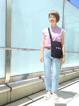 「coen（コーエン）のテーパードスリム5ポケットデニムパンツ（デニムパンツ）」を使った、coen  こすぎさん（レディース・161cm）の春コーディネート