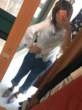 「UNIQLO（ユニクロ）のハイライズワイドクロップドジーンズ（デニムパンツ、ブルー系）」を使った、sayochinさん（レディース・158cm）の夏コーディネート