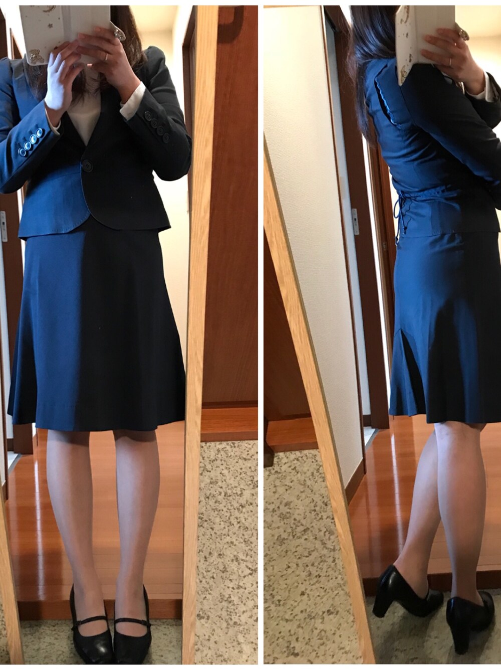 「スーツスタイル、スーツ、面接、面接コーデ、リボン」｜「MARC JACOBSのアイテム（スーツスカート、ブルー系）」を使った、夏鈴ちゃんさん（レディース・155cm）の春コーディネートの1枚目の写真