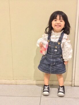 「フリルネック」｜「アイテム（サロペット/オーバーオール）」を使った、☆yuuuuua☆さん（キッズ・80cm）の春コーディネート