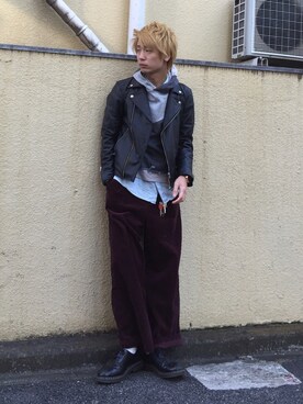 「マーチン」｜「アイテム（ライダースジャケット）」を使った、shunさん（メンズ・176cm）の冬コーディネート