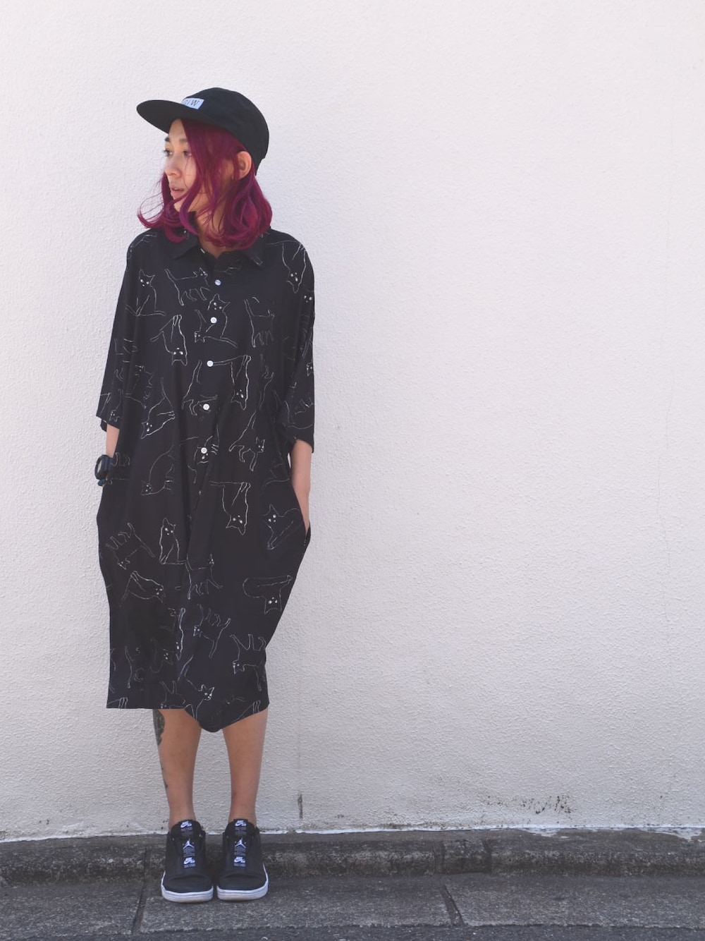 「NoraLily、VIRGO、ヴァルゴ、ラクチンコーデ、カジュアル、スカート、メンズライク、シャツワンピ」｜「VIRGOwearworksのCORDURA VGW JET CAP（キャップ、ブラック系）」を使った、KyoNさん（レディース・160cm）の夏コーディネートの1枚目の写真