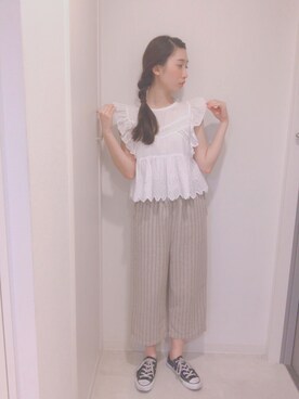 「ZARA（ザラ）のアイテム（トップス、ホワイト系）」を使った、テンテンさん（レディース・159cm）の夏コーディネート