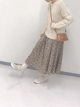 「mystic（ミスティック）のレオパードロングスカート（スカート、ベージュ系）」を使った、テンテンさん（レディース・159cm）の冬コーディネート