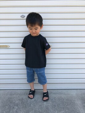 「MIKI HOUSE（ミキハウス）のアイテム（デニムパンツ）」を使った、みなむしこさん（キッズ・90cm）の夏コーディネート