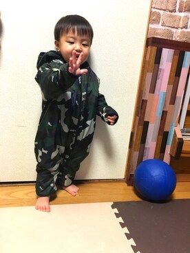 「アイテム（ロンパース、グリーン系）」を使った、のすけじゅなさん（キッズ・80cm）の冬コーディネート