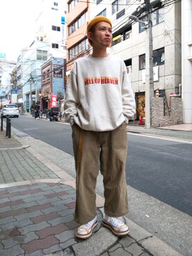 「ROYAL FLASH（ロイヤルフラッシュ）のアイテム（スウェット）」を使った、みねさん（メンズ・161cm）の春コーディネート