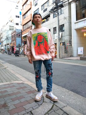 「ROYAL FLASH（ロイヤルフラッシュ）のアイテム（スウェット）」を使った、みねさん（メンズ・161cm）の春コーディネート