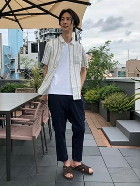 「NANO universe（ナノユニバース）のアイテム（サンダル）」を使った、nano・universe men’s STAFFさん（メンズ・182cm）の夏コーディネート