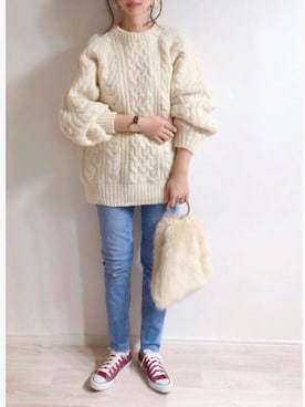 「ケーブルニット」｜「アイテム（アナログ腕時計）」を使った、ミズタマ⭐︎さん（レディース・157cm）の冬コーディネート