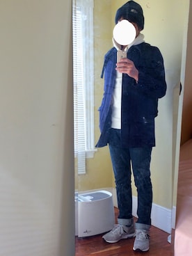 「THE NORTH FACE（ザノースフェイス）のアイテム（ニットキャップ/ビーニー、ブルー系）」を使った、yojiさん（メンズ・168cm）の冬コーディネート