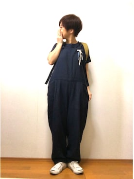 「ネイビーコーデ」｜「アイテム（オールインワン・サロペット）」を使った、chiakiさん（レディース・153cm）の春コーディネート