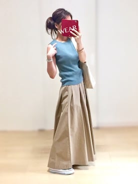 「UNIQLO（ユニクロ）のUVカットリブノースリーブセーター（ニット/セーター）」を使った、𓎤 ﾖｺ𓅹さん（レディース・157cm）の夏コーディネート
