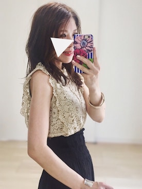 「petitcro（プティクロ）のpetitcro  ワイドバングル PCKB1901001（バングル/リストバンド）」を使った、𓎤 ﾖｺ𓅹さん（レディース・156cm）の夏コーディネート