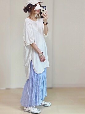 「petitcro（プティクロ）のpetitcro  ワイドバングル PCKB1901001（バングル/リストバンド）」を使った、𓎤 ﾖｺ𓅹さん（レディース・156cm）の夏コーディネート