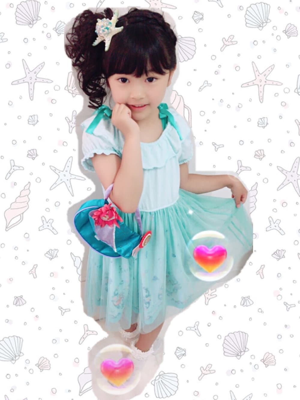 「キッズファッション、女の子コーデ、サマースタイル、アリエル、マーメイド、グリーン、ライトオン、ライトオン キッズ」｜「Right-on KIDSのアイテム（ワンピース、グリーン系）」を使った、himeちゃんさん（キッズ・122cm）の夏コーディネートの1枚目の写真