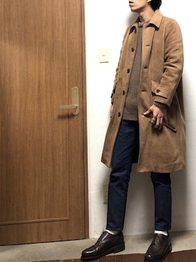 「UNUSED（アンユーズド）のアイテム（ステンカラーコート）」を使った、DOMさん（メンズ・182cm）の冬コーディネート