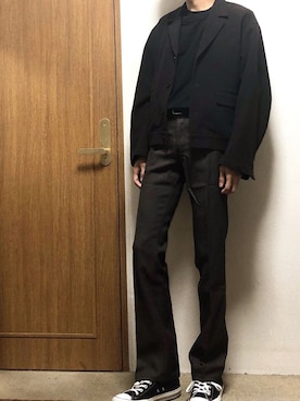 「ランチャーパンツ」｜「アイテム（ジャケット/アウター）」を使った、DOMさん（メンズ・182cm）の春コーディネート