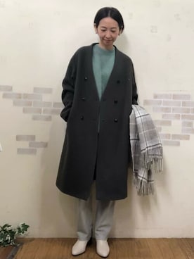 「human woman（ヒューマンウーマン）の◆≪arrive 5e≫ ノーカラーダブルウールコート（ノーカラーコート、グレー系）」を使った、mayumiさん（レディース・160cm）の冬コーディネート