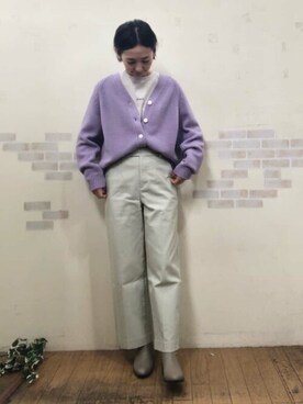 「human woman（ヒューマンウーマン）の◆コットンアクリル天竺ニットカーディガン（カーディガン/ボレロ、パープル系）」を使った、mayumiさん（レディース・160cm）の冬コーディネート