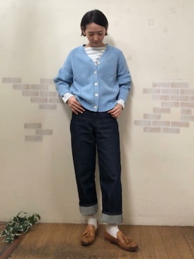 「human woman（ヒューマンウーマン）の◆コットンアクリル天竺ニットカーディガン（カーディガン/ボレロ、ブルー系）」を使った、mayumiさん（レディース・160cm）の冬コーディネート