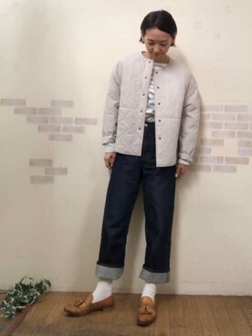 「human woman（ヒューマンウーマン）の◆エアーナイロンキルティングブルゾン（ブルゾン、ベージュ系）」を使った、mayumiさん（レディース・160cm）の冬コーディネート