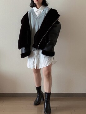 「ニットベスト」｜「アイテム（ムートンコート）」を使った、あっかさん（レディース・155cm）の冬コーディネート