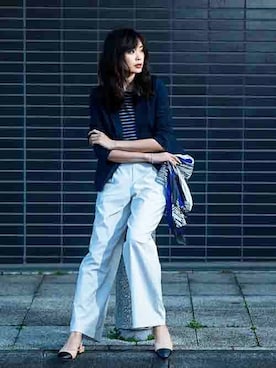 「A/C DESIGN BY ALPHA CUBIC（エーシーデザインバイアルファキュービック）のアイテム（ノーカラージャケット）」を使った、CROSSPLUSさん（レディース・170cm）の夏コーディネート