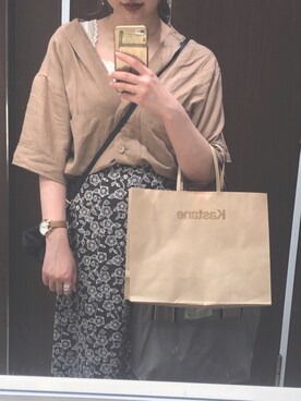 「mystic（ミスティック）の麻レーヨンノーカラーシャツ（シャツ/ブラウス、イエロー系）」を使った、なさん（レディース）の夏コーディネート
