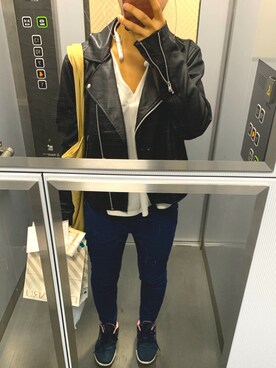「ナチュラル」｜「アイテム（ライダースジャケット）」を使った、ゆうさん（レディース・155cm）の秋コーディネート