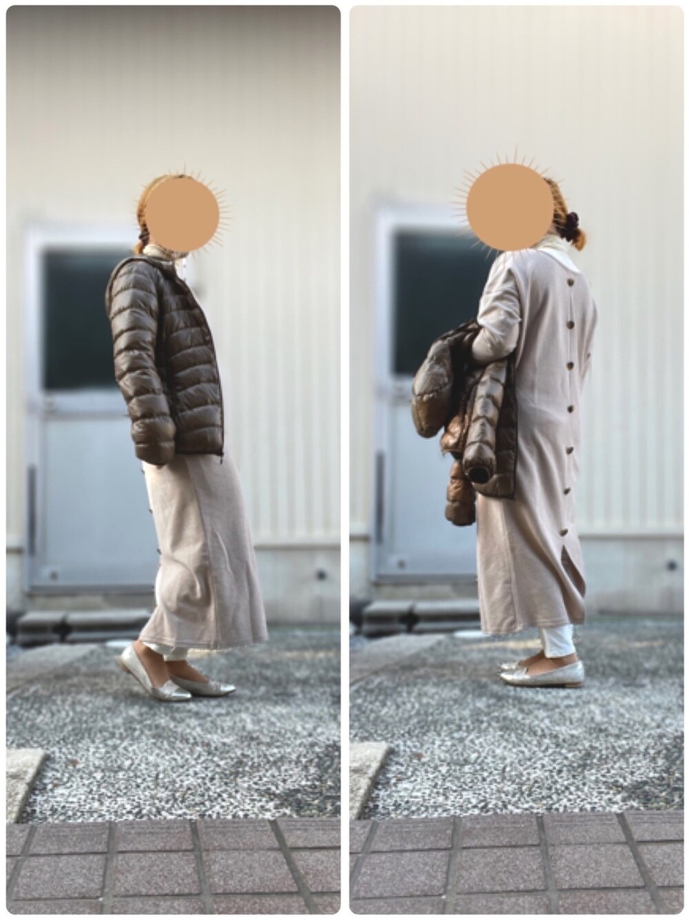「着回しコーデ、ママコーデ、ワントーンコーデ、フラットシューズ、ノーアクセサリー」｜「Myuのアイテム（ワンピース、ベージュ系）」を使った、むーみんさん（レディース・157cm）の冬コーディネートの1枚目の写真