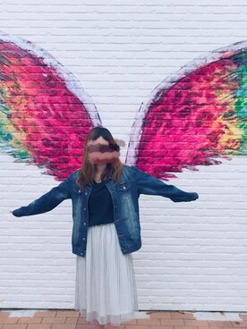 「no brand（ノーブランド）のアイテム（デニムジャケット、ブルー系）」を使った、みーさんさん（レディース・161cm）の夏コーディネート